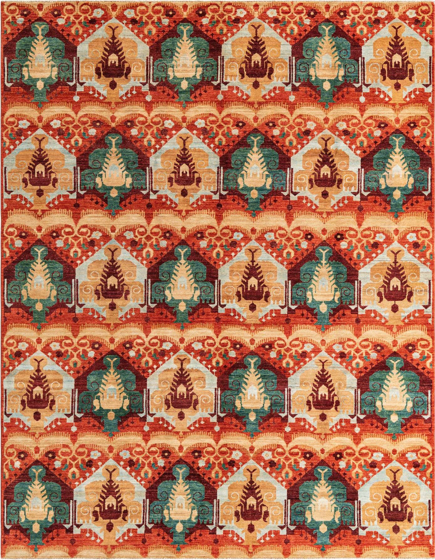 A 7x10 rectangular Rugs.com Ikat rug featuring a vibrant, repeating pattern in reds, teal, and gold, suitable for a living room.