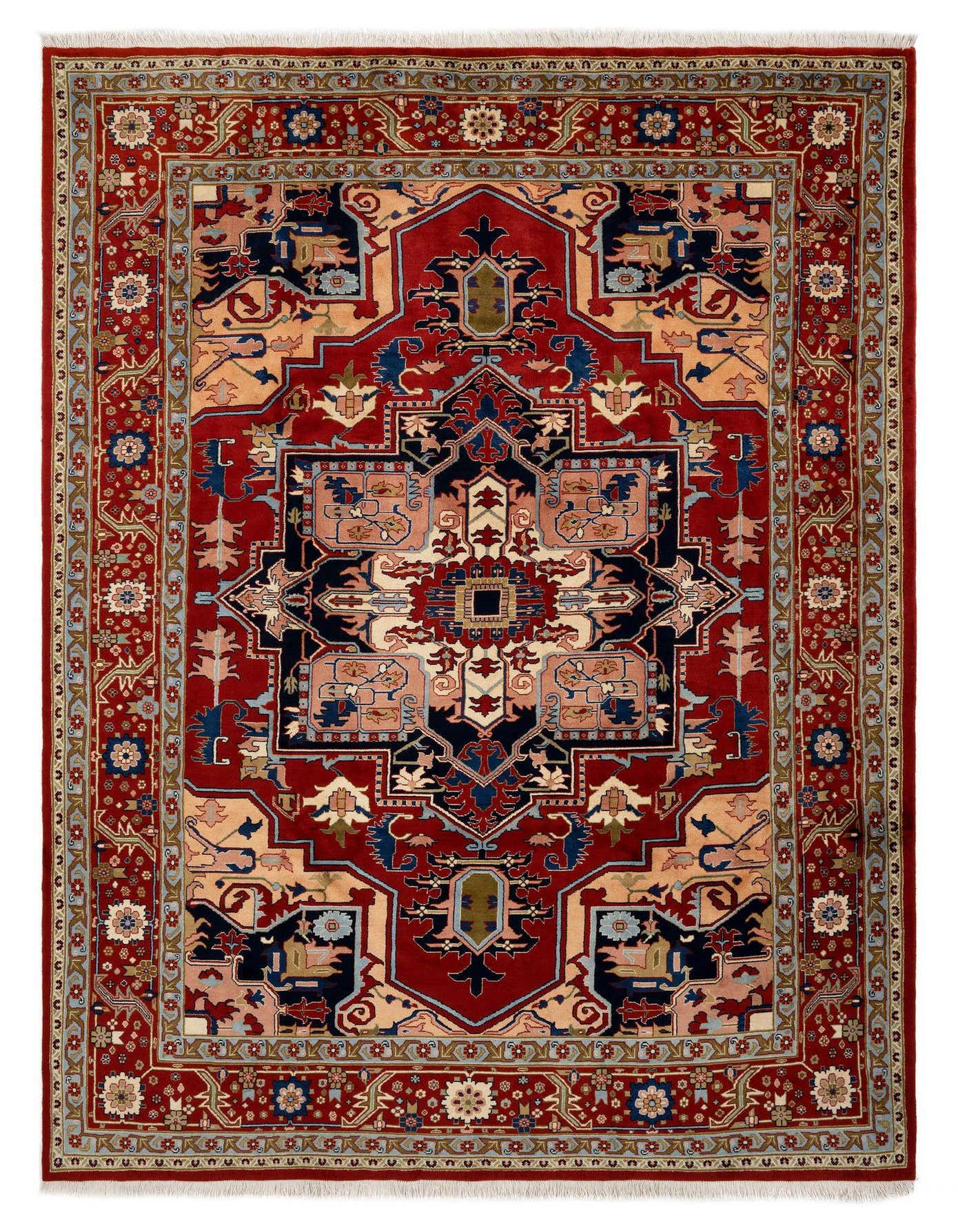 A rectangular 8x11 Indo Heriz Persian rug with a rich red field and intricate navy, beige, and blue traditional patterns.