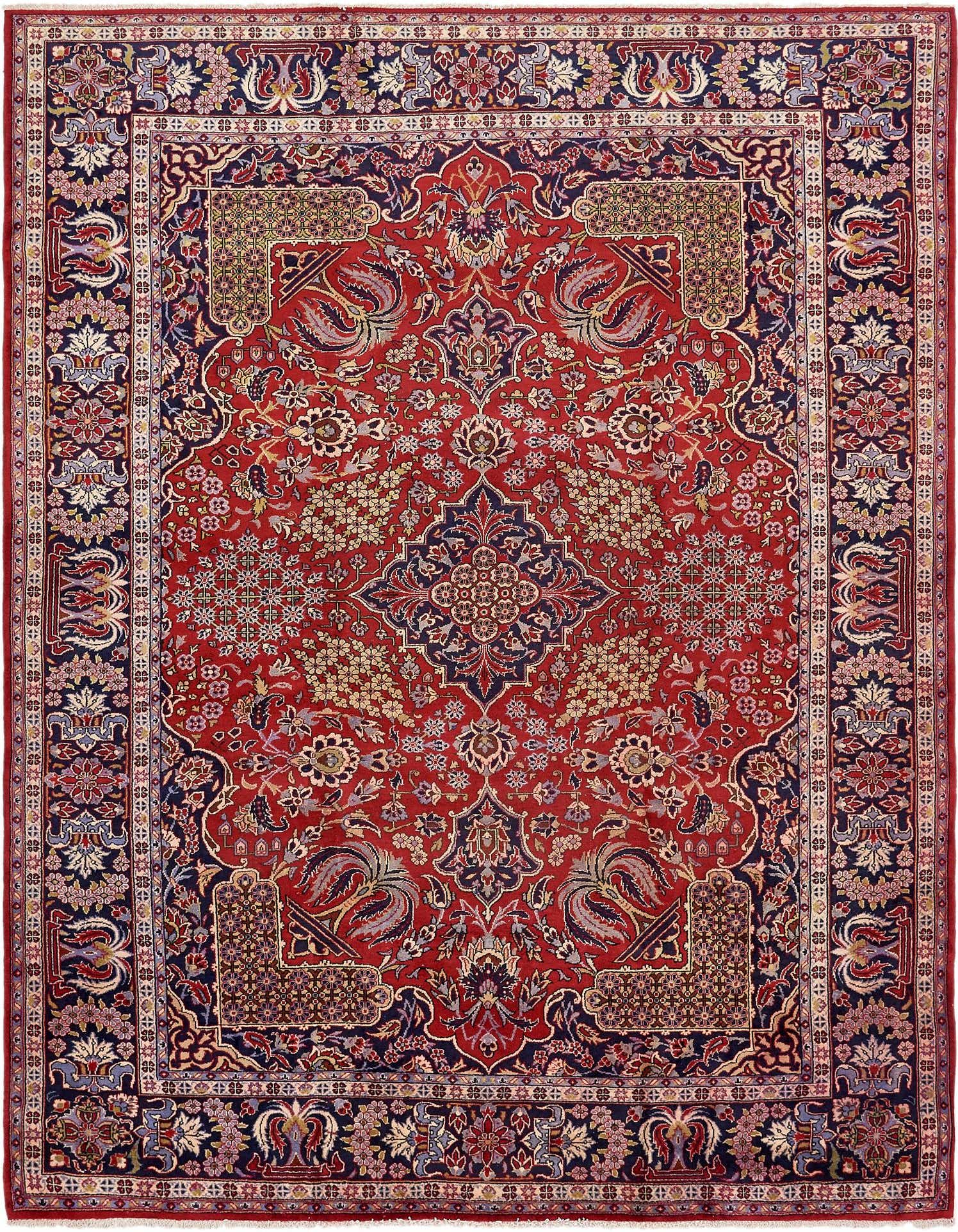 A 10x13 rectangular red wool rug with a traditional Persian botanical medallion pattern and a navy blue border.