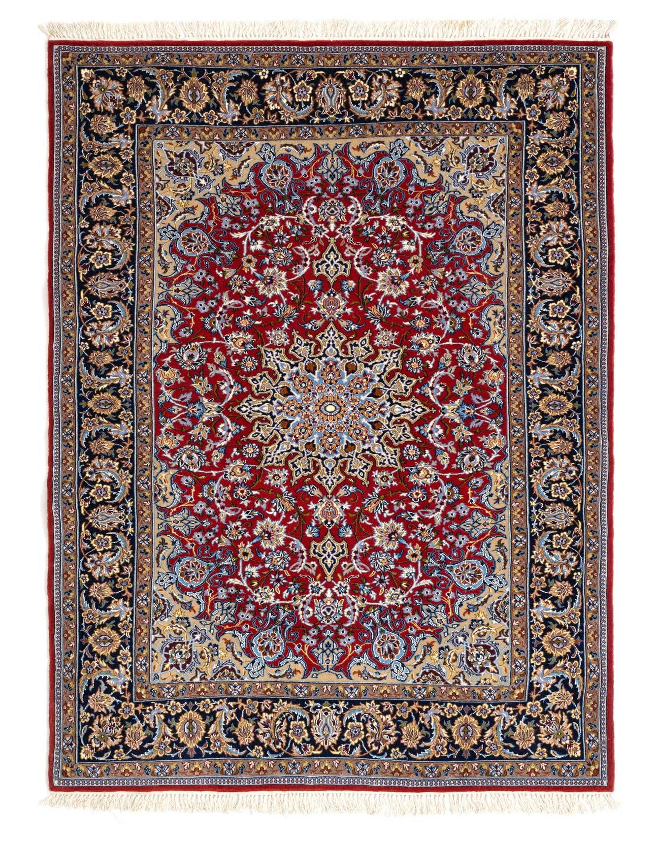 A 4x6 rectangular red Persian rug with an intricate floral medallion pattern and dark blue and gold borders.