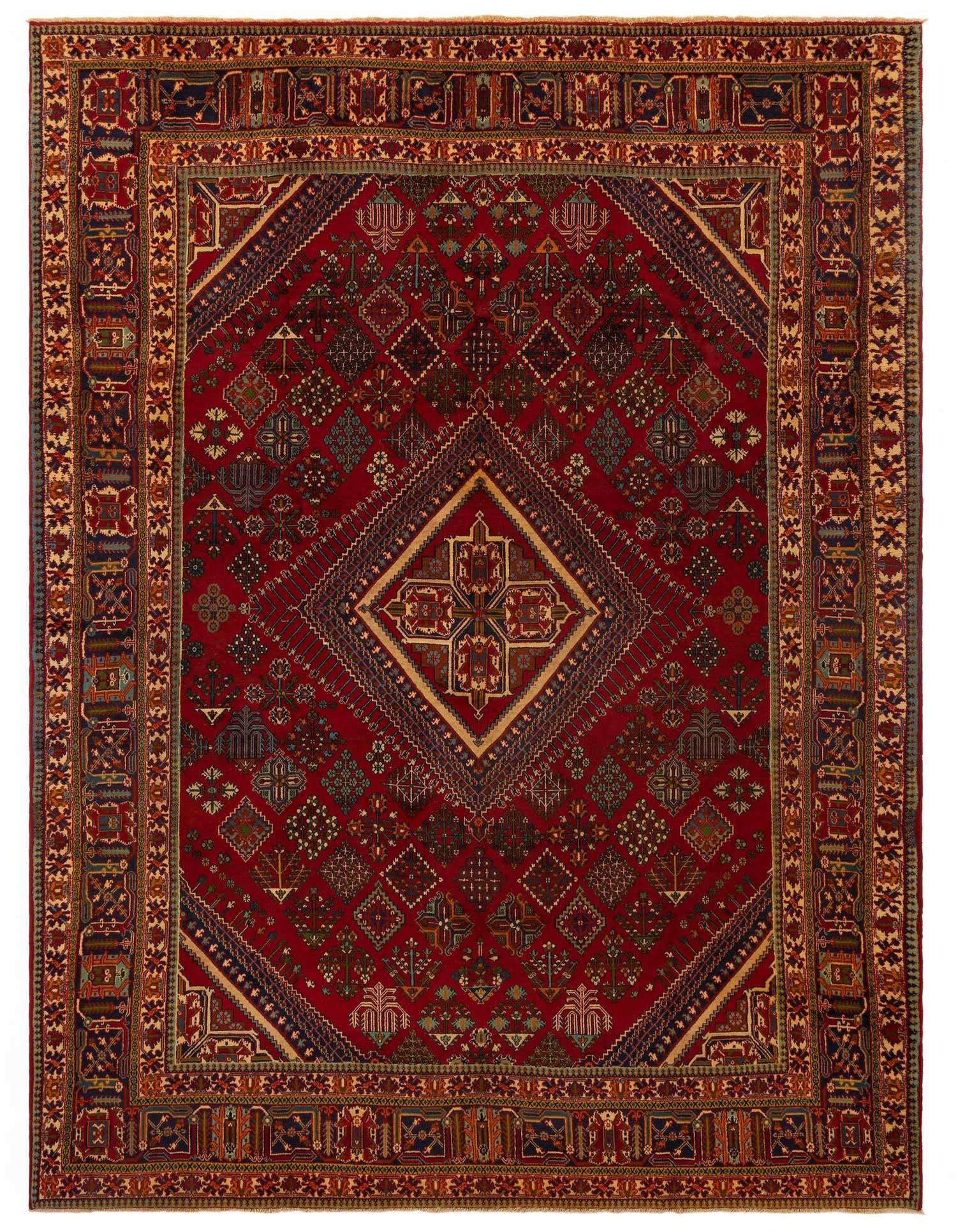 8x11 rectangular Isfahan rug featuring a rich red field with intricate Persian and Oriental patterns, including a central diamond medallion and detailed borders.