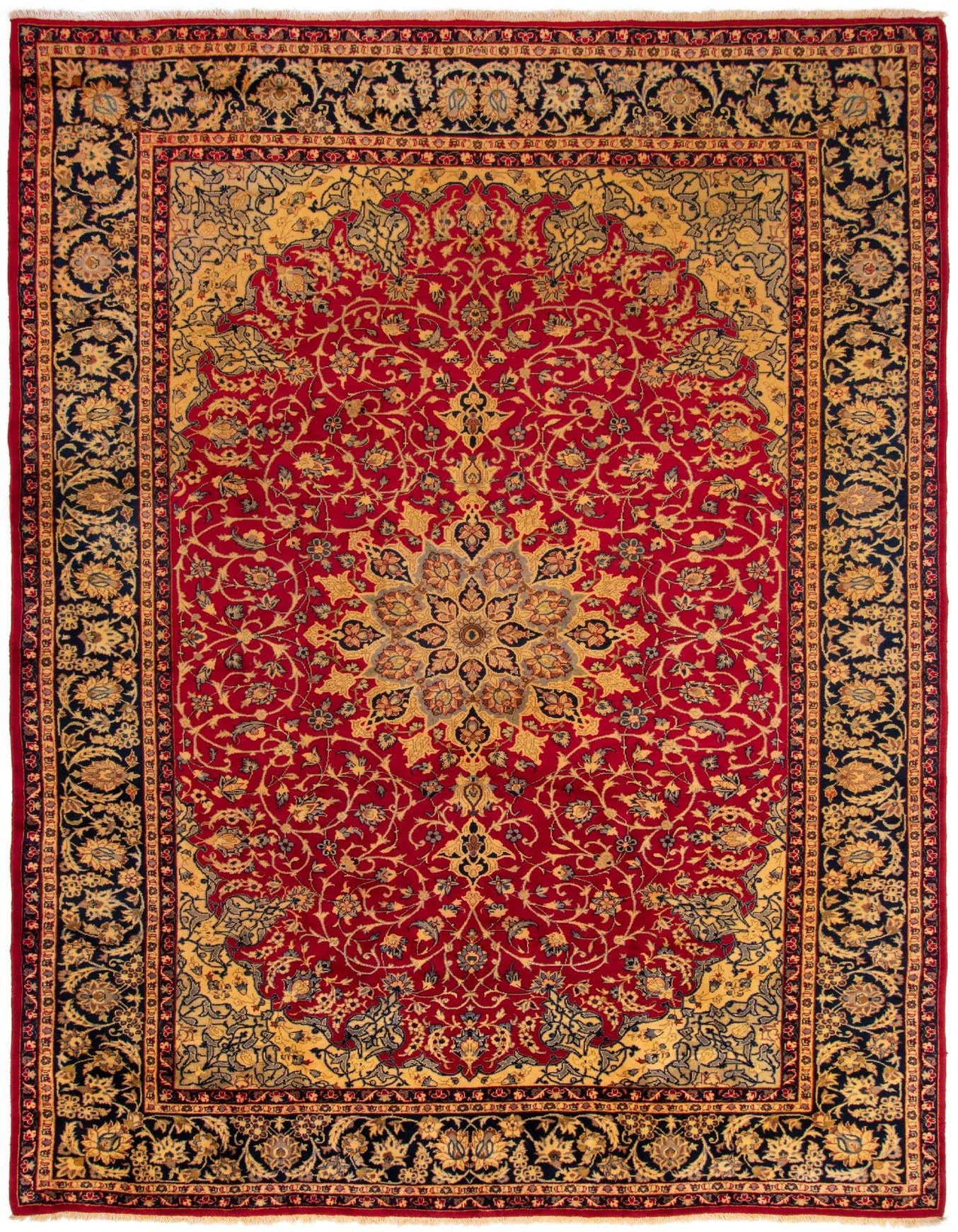 A 9x12 rectangular Isfahan Persian rug in rich red with an ornate gold and navy floral medallion and border.