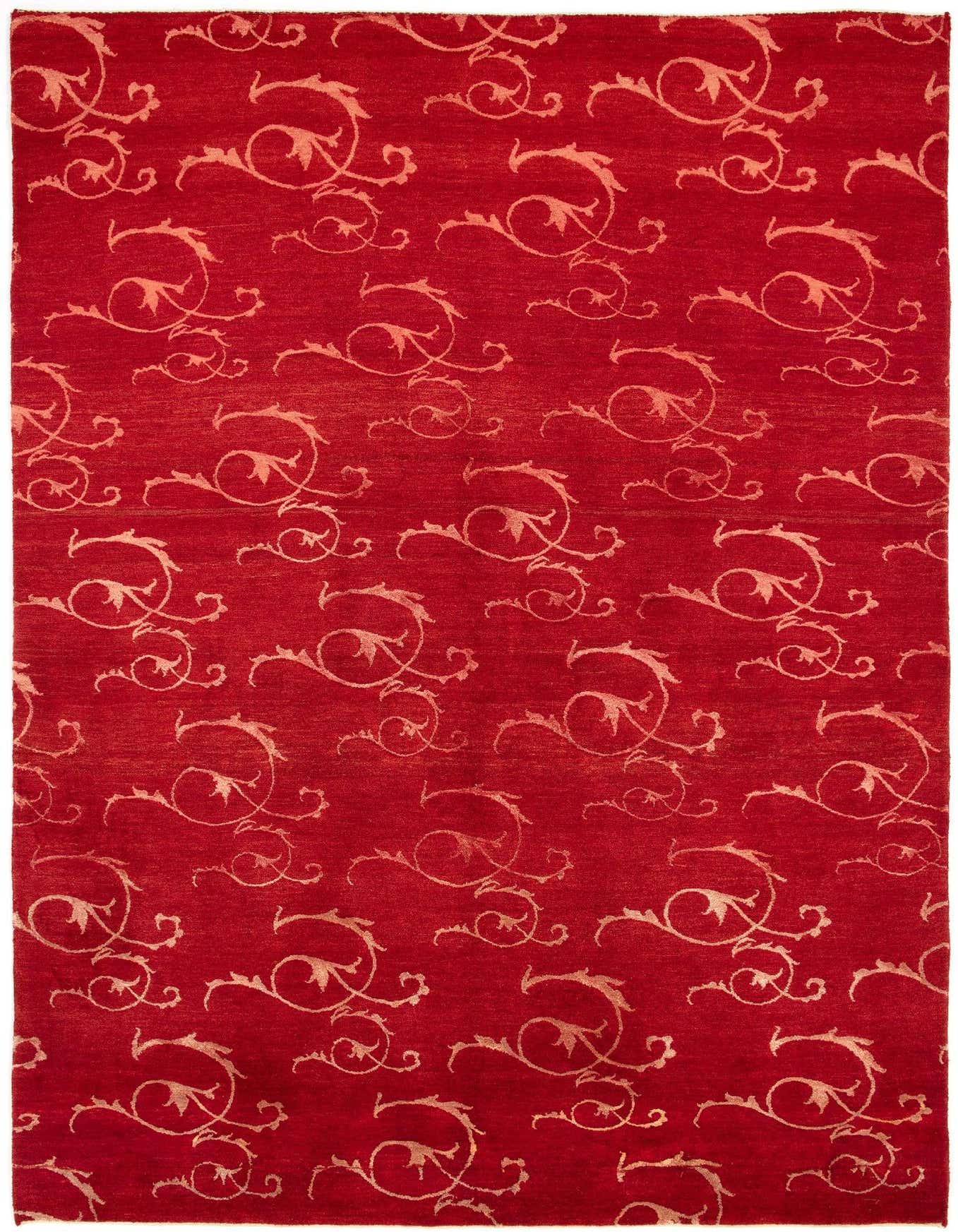 A 5x8 rectangular red Persian rug with an intricate light red floral and vine pattern, suitable for a living room.
