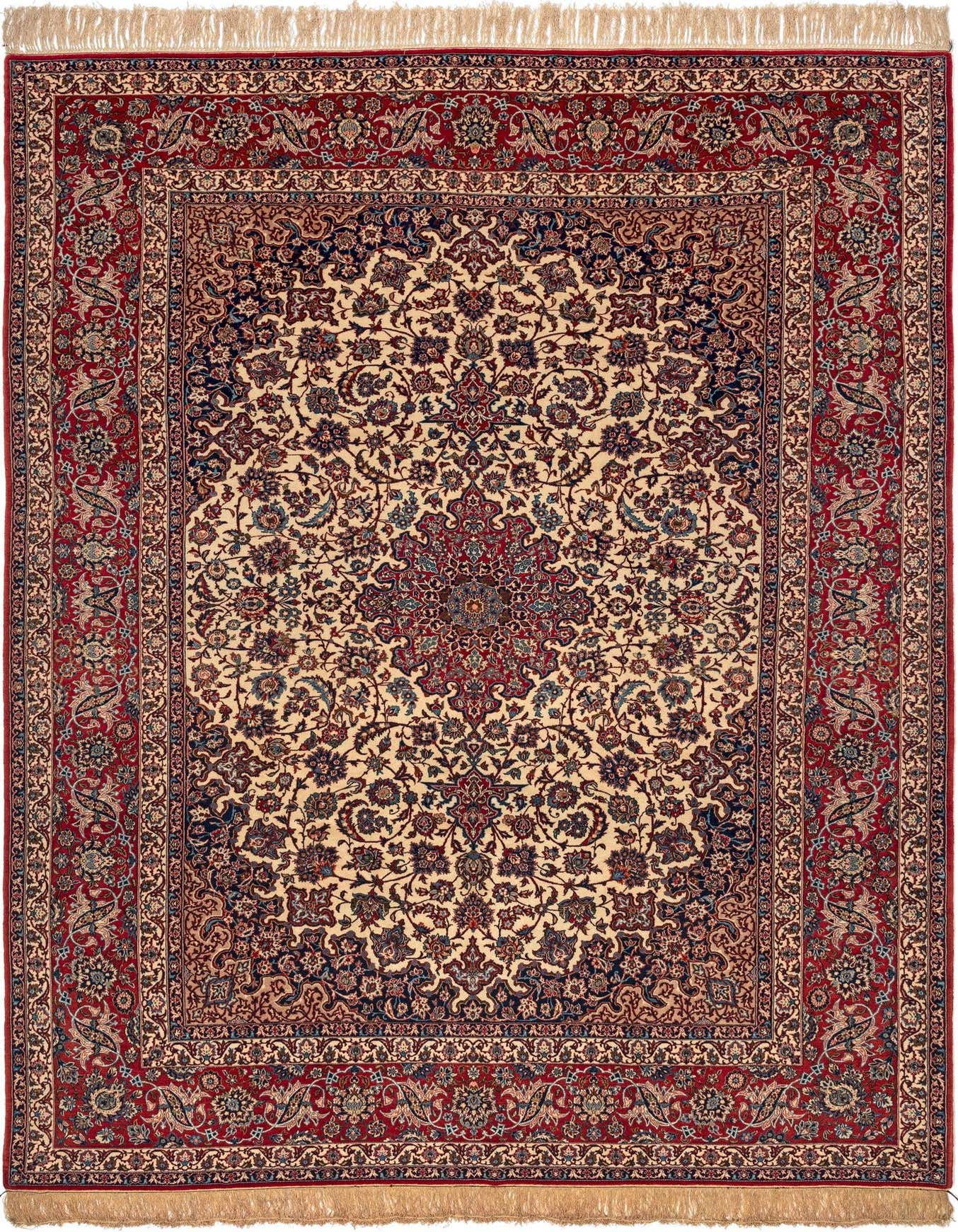 An 8x11 rectangular Persian rug with a cream field, a central medallion, and a red border, featuring intricate floral patterns.