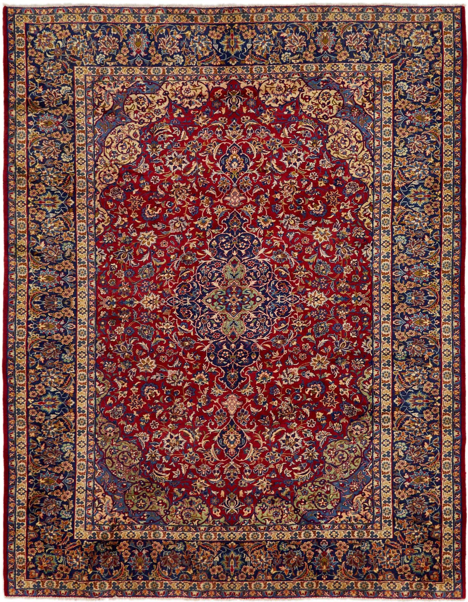 A 10x13 rectangular Isfahan rug featuring a traditional red field with a central medallion and intricate botanical patterns, framed by a dark blue border.