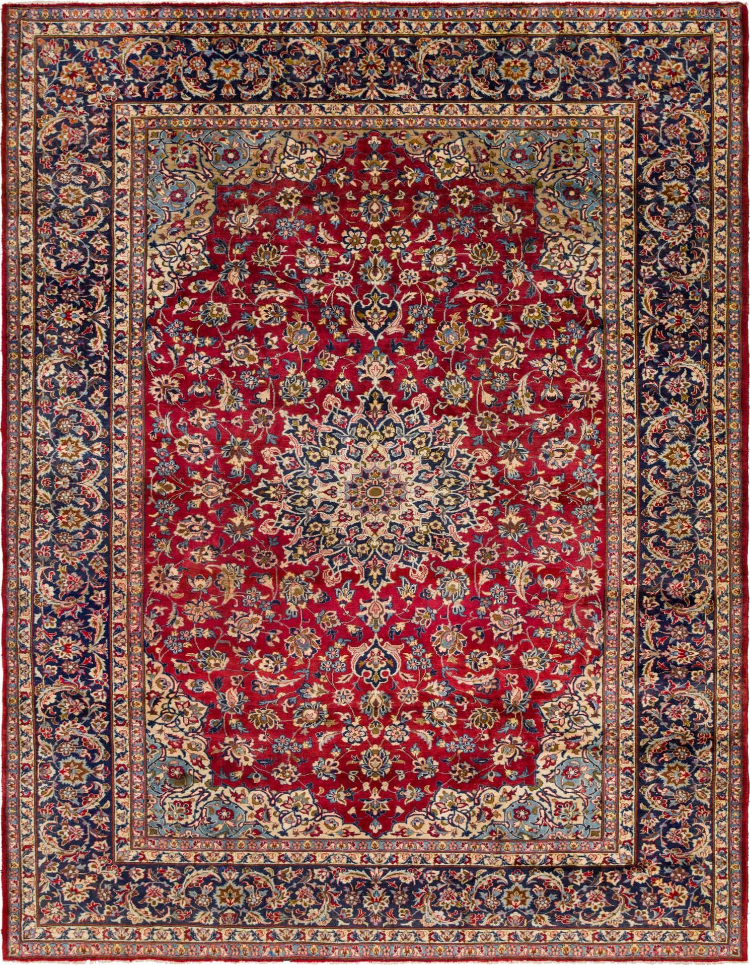 A 10x13 rectangular red Persian rug with a central medallion and intricate botanical patterns, featuring a dark blue border.