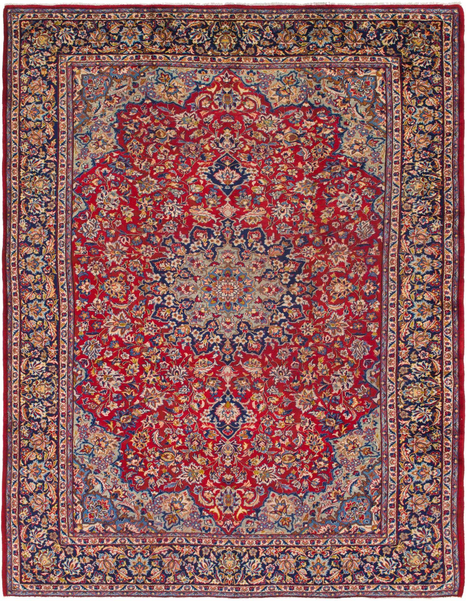 A 10x13 rectangular red Persian rug with a central medallion and intricate botanical patterns, framed by a dark blue border.