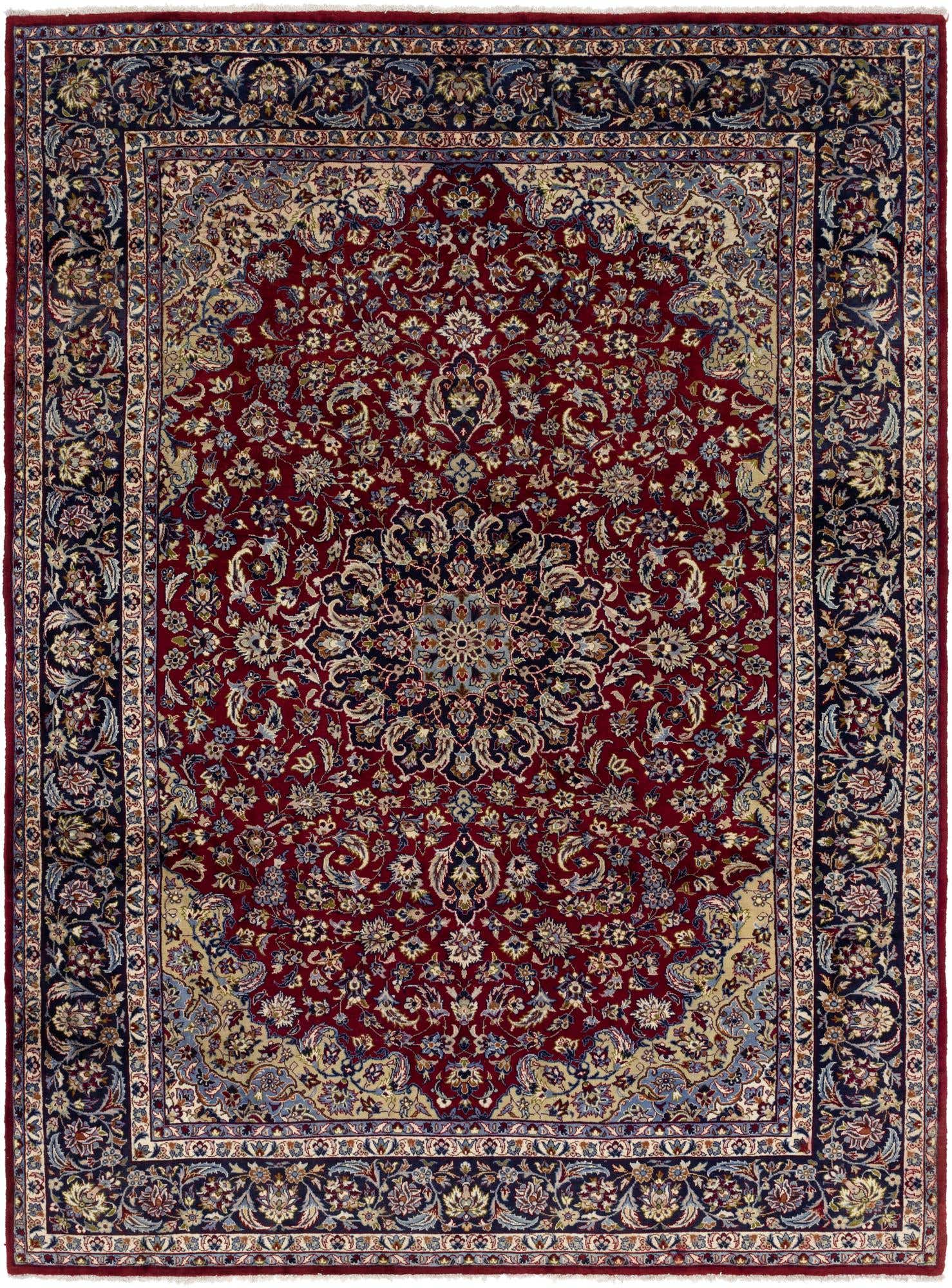A 10x13 rectangular red Persian wool rug with a central medallion and intricate botanical patterns, ideal for a living room.