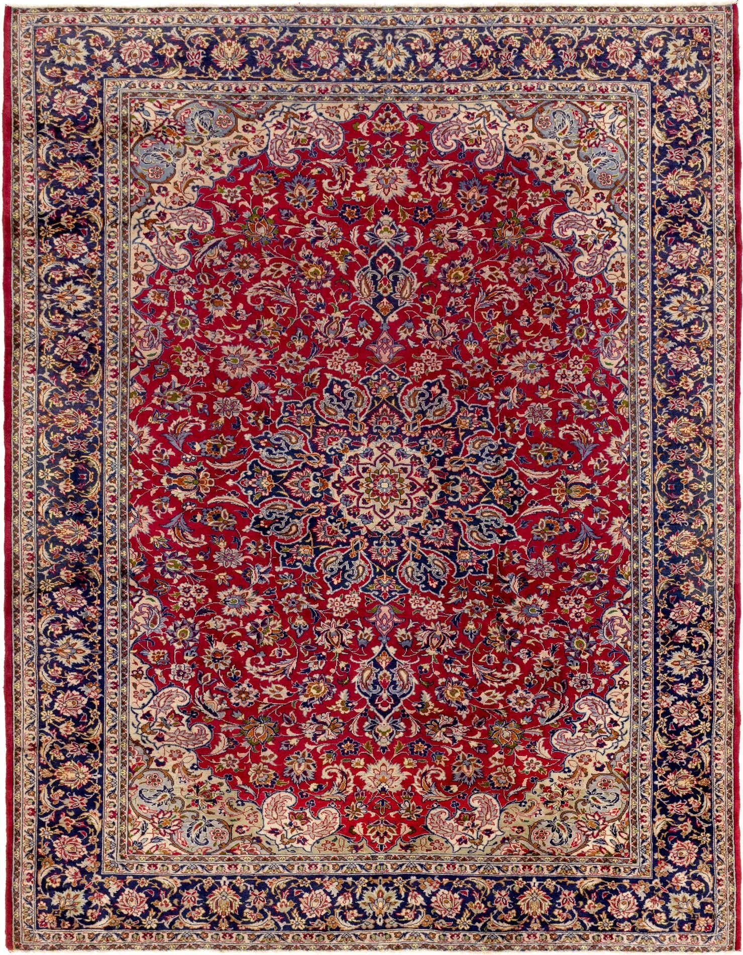 A 10x13 rectangular Isfahan Persian wool rug featuring a red field with a central medallion and intricate floral patterns, bordered by navy blue.