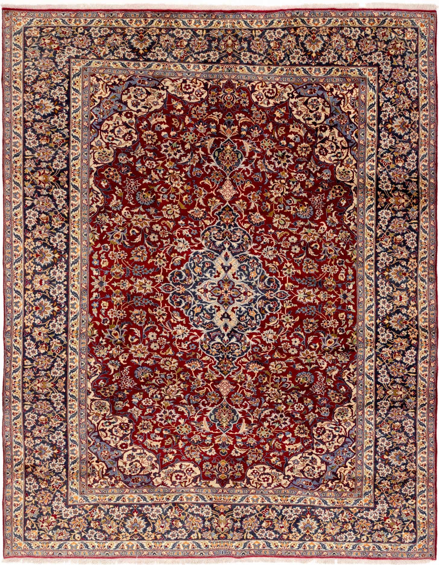 A 10x13 rectangular red Persian wool rug featuring an intricate botanical medallion pattern and a dark blue border.