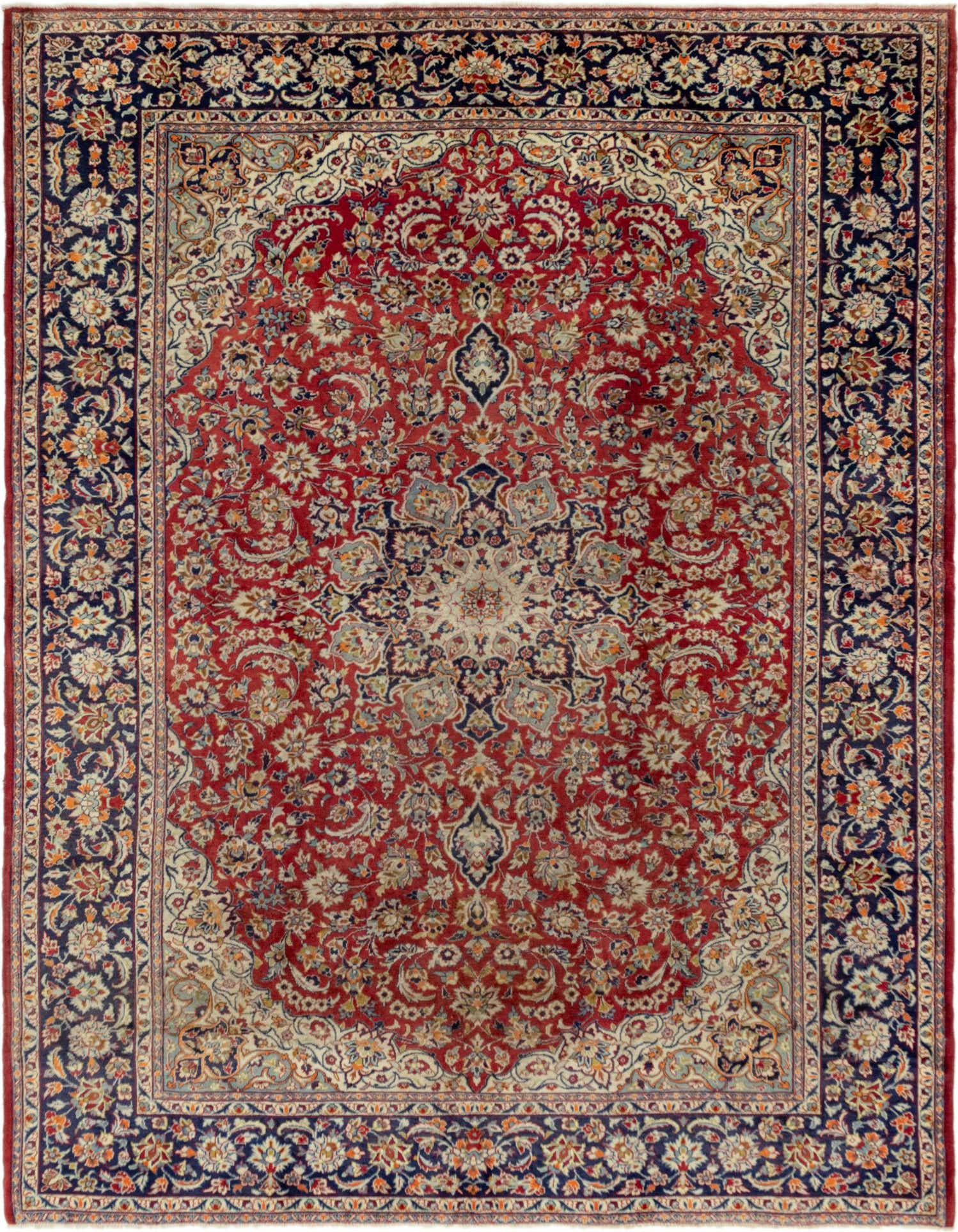 A 10x13 rectangular red Persian wool rug with a central medallion and intricate floral patterns, bordered by a navy and cream design.