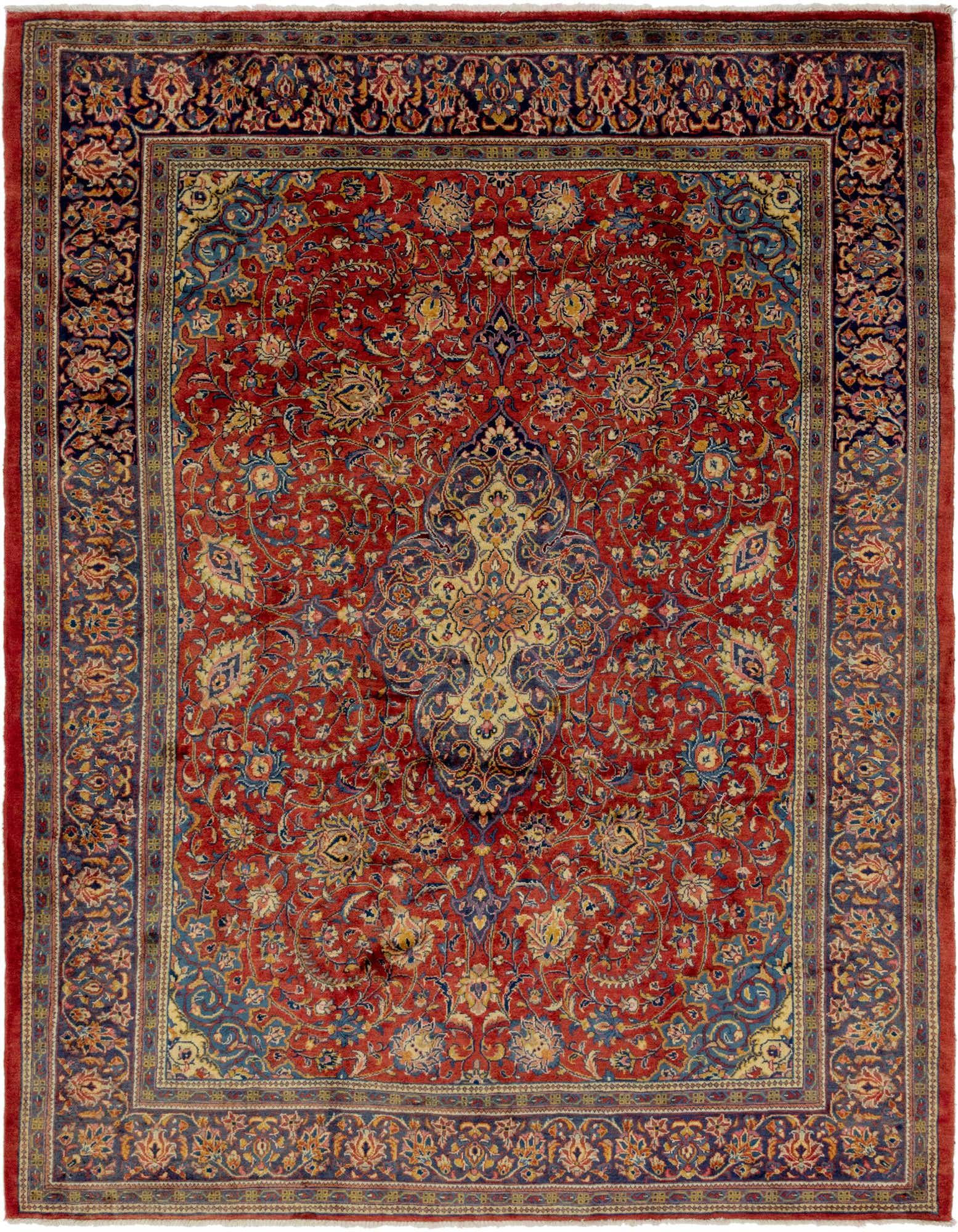 A 10x13 rectangular Isfahan Persian rug with a red field, blue border, and intricate floral medallion pattern.