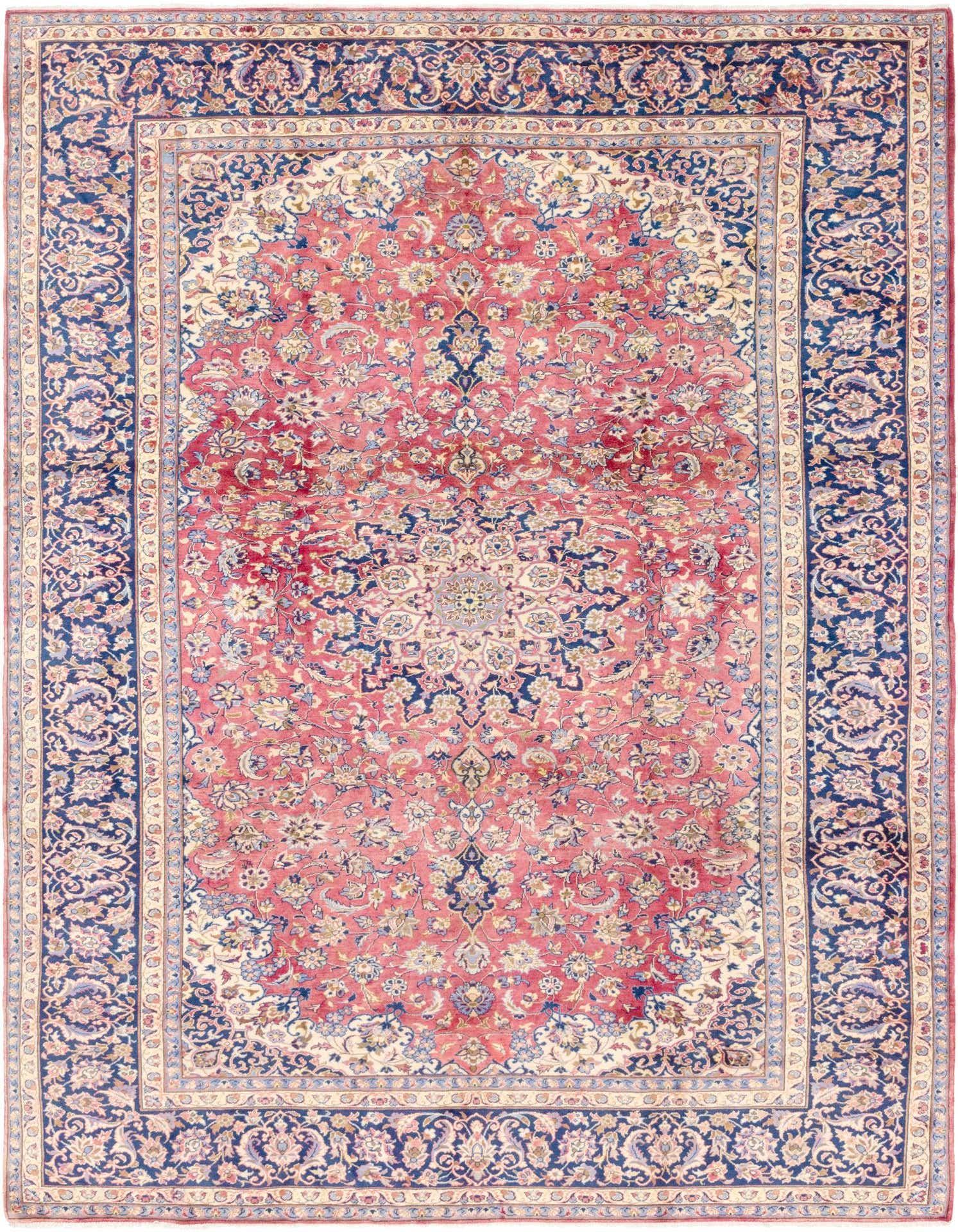 A 10x13 rectangular Persian rug featuring a central medallion and intricate floral patterns in shades of red, navy blue, and cream.