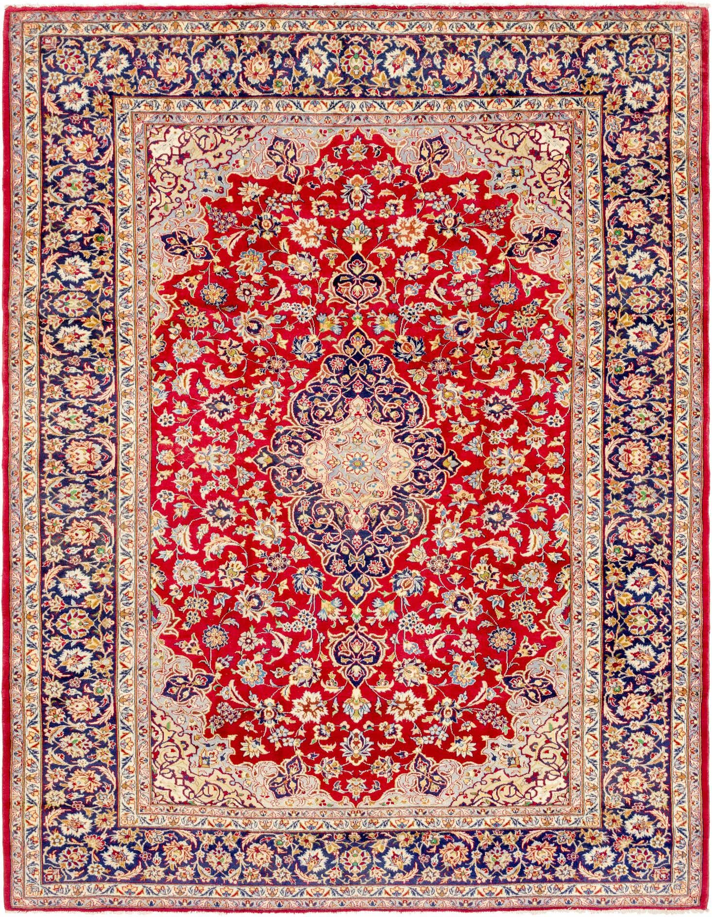 A large 10x13 rectangular Persian rug with a vibrant red field, intricate botanical patterns, and a central medallion, framed by a dark blue border.