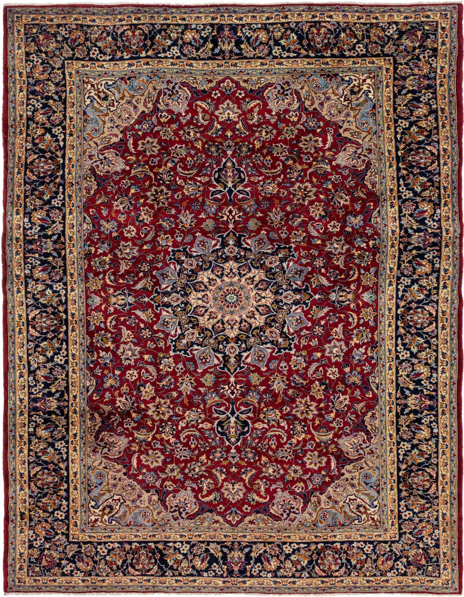 A 10x13 rectangular red Persian rug with a central medallion and intricate botanical patterns, featuring a dark blue and gold border.