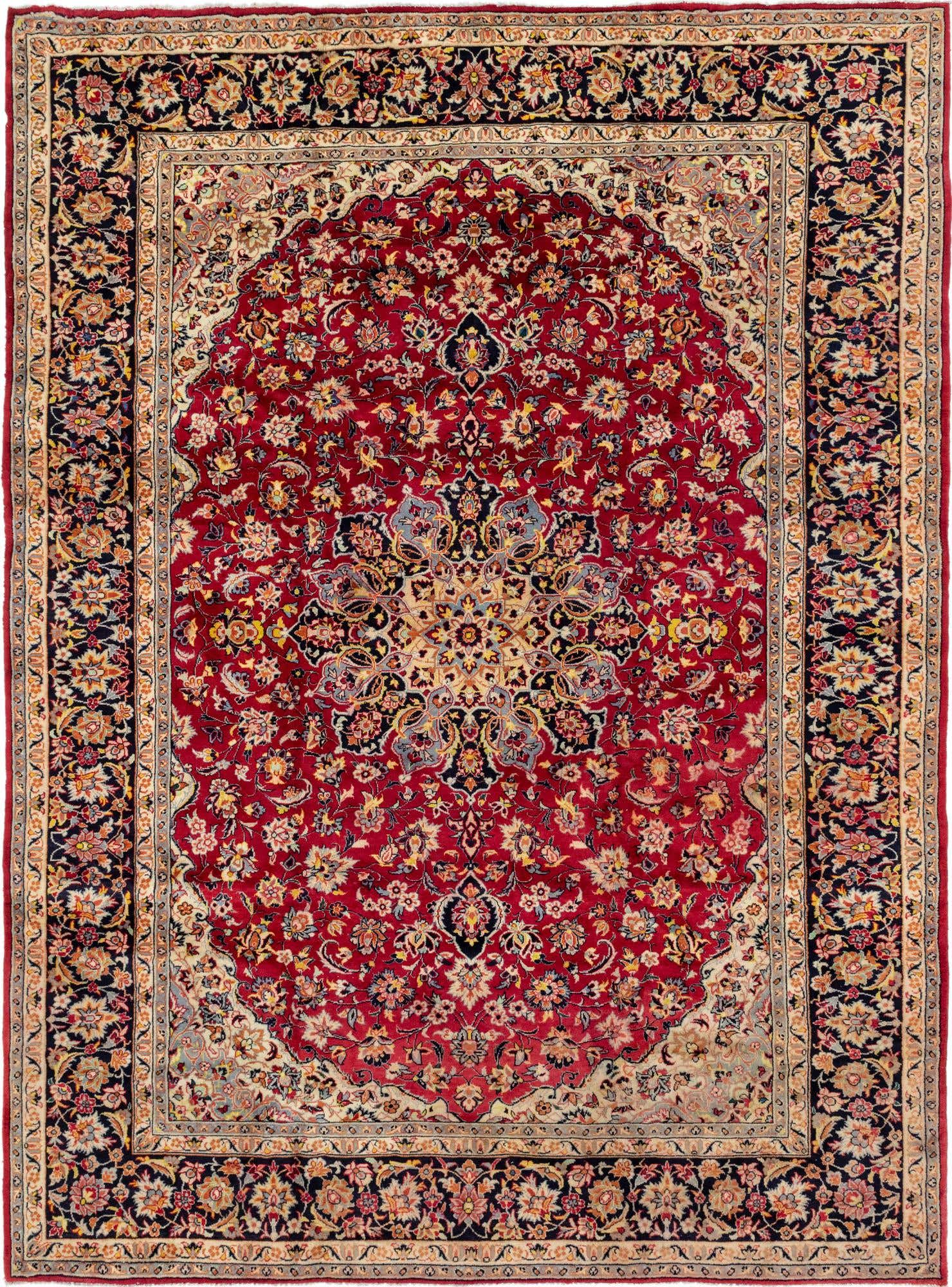 A 10x13 rectangular red Persian rug with an intricate central medallion and botanical patterns, ideal for a living room.