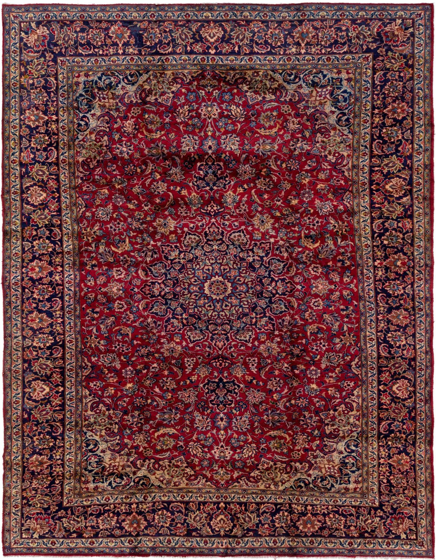 A large 10x13 rectangular red Persian wool rug with a detailed medallion pattern and navy blue border, ideal for a living room.