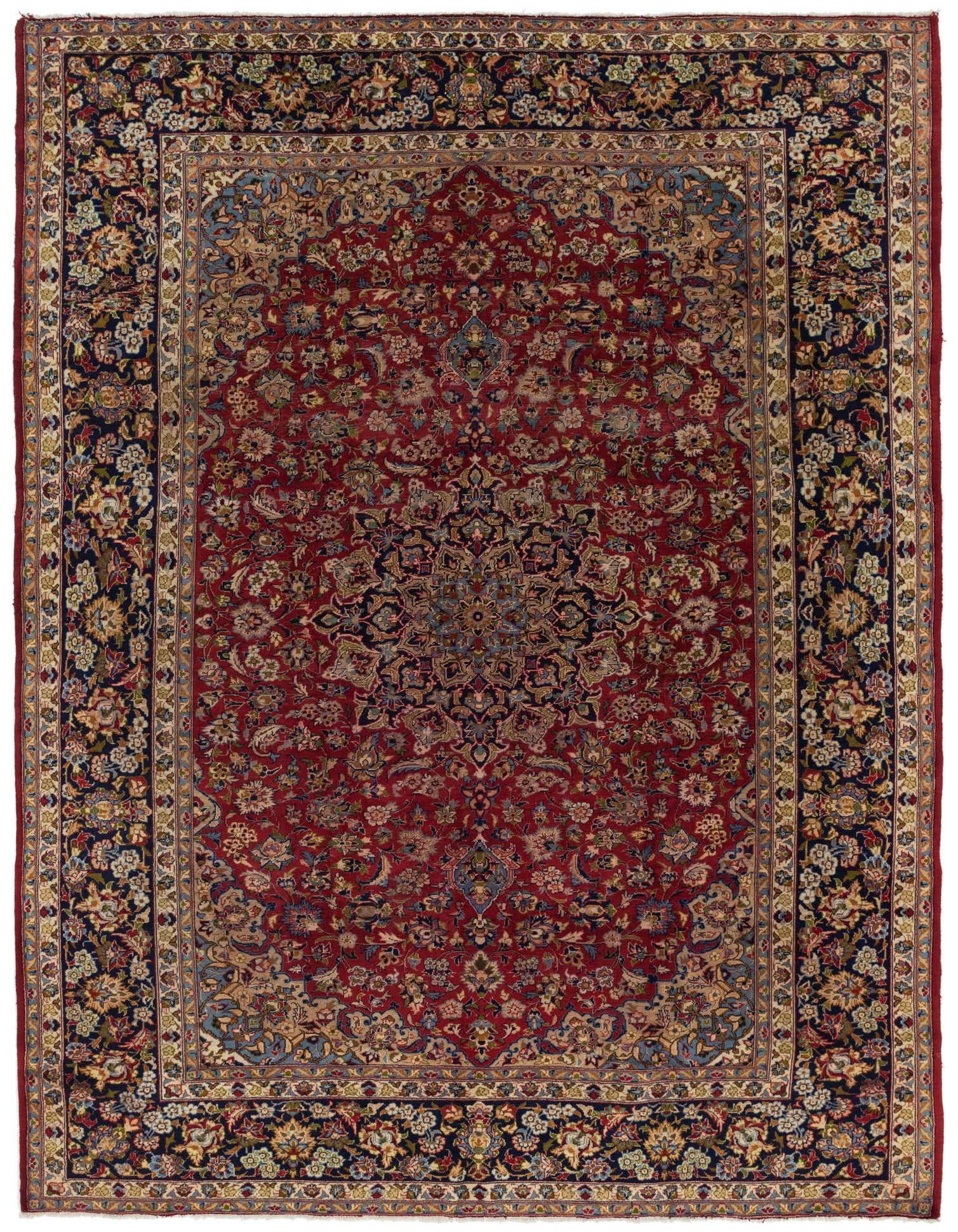 A 10x13 rectangular red Persian wool rug with a central medallion and intricate botanical patterns, framed by a dark blue border.