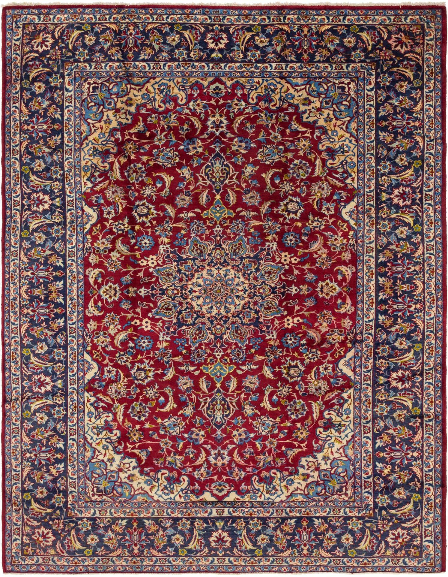 A 10x13 rectangular Isfahan Persian rug with a rich red field, intricate floral patterns, and a dark blue border, suitable for a living room.