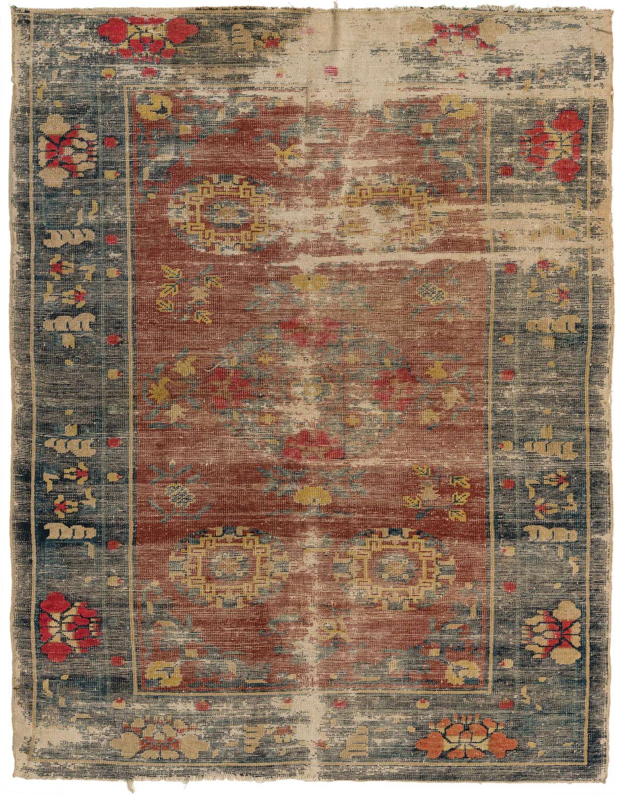 A 4x6 rectangular Jaipur Agra rug featuring a distressed traditional Oriental pattern in reds, blues, and creams.