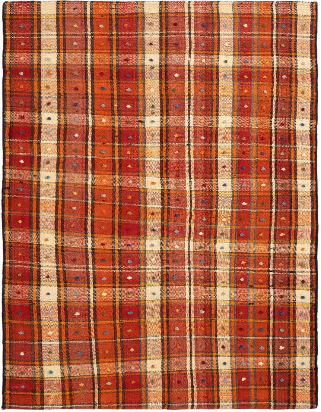 A 4x6 rectangular Jajim rug featuring a plaid pattern in various shades of red, orange, and cream, accented with colorful dots.