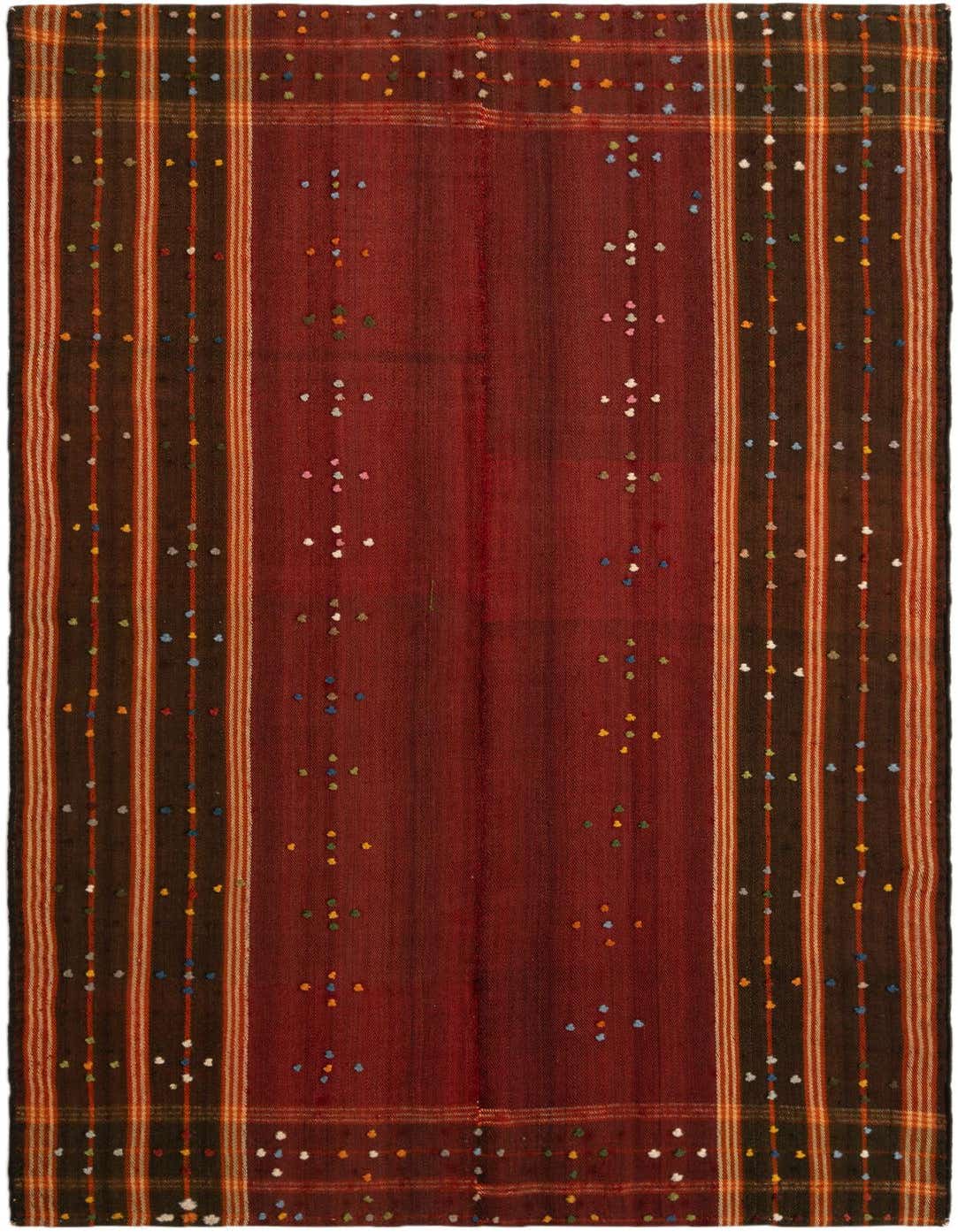 A 4x6 rectangular Jajim rug featuring a deep red center with multicolored dotted accents and striped dark brown borders.