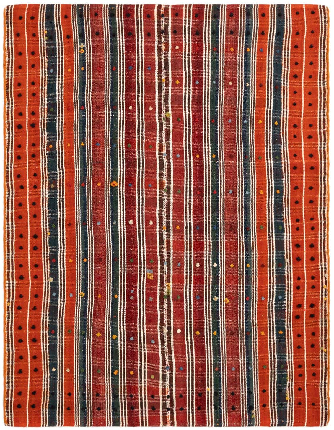 A 4x6 rectangular Jajim Persian rug with bold red, orange, and dark green stripes, accented with small colorful dots.