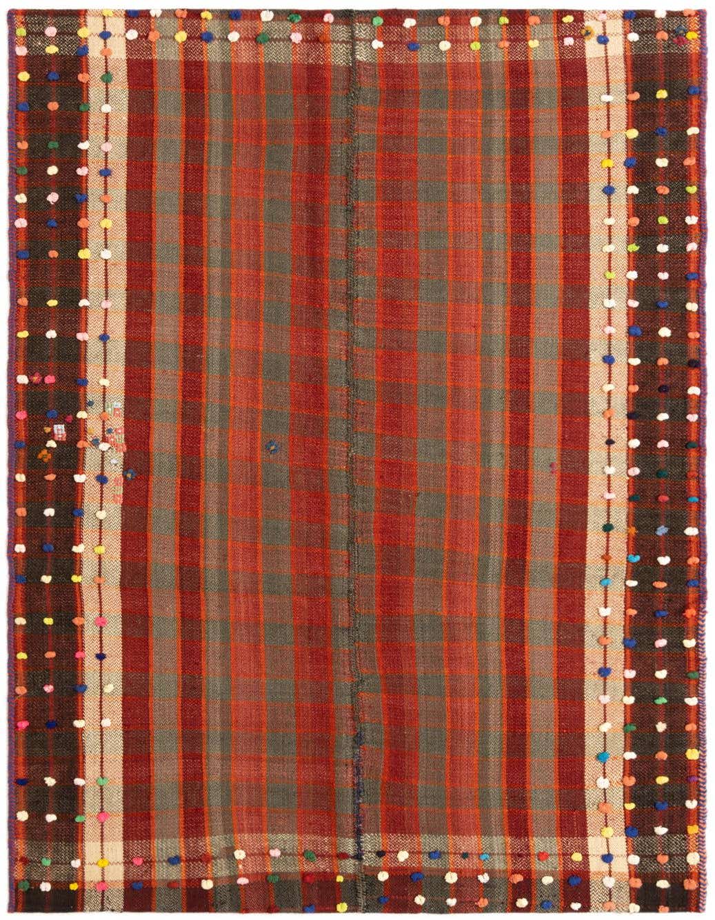 A 4x6 rectangular Jajim rug featuring a red and grey plaid pattern with colorful polka dot borders.