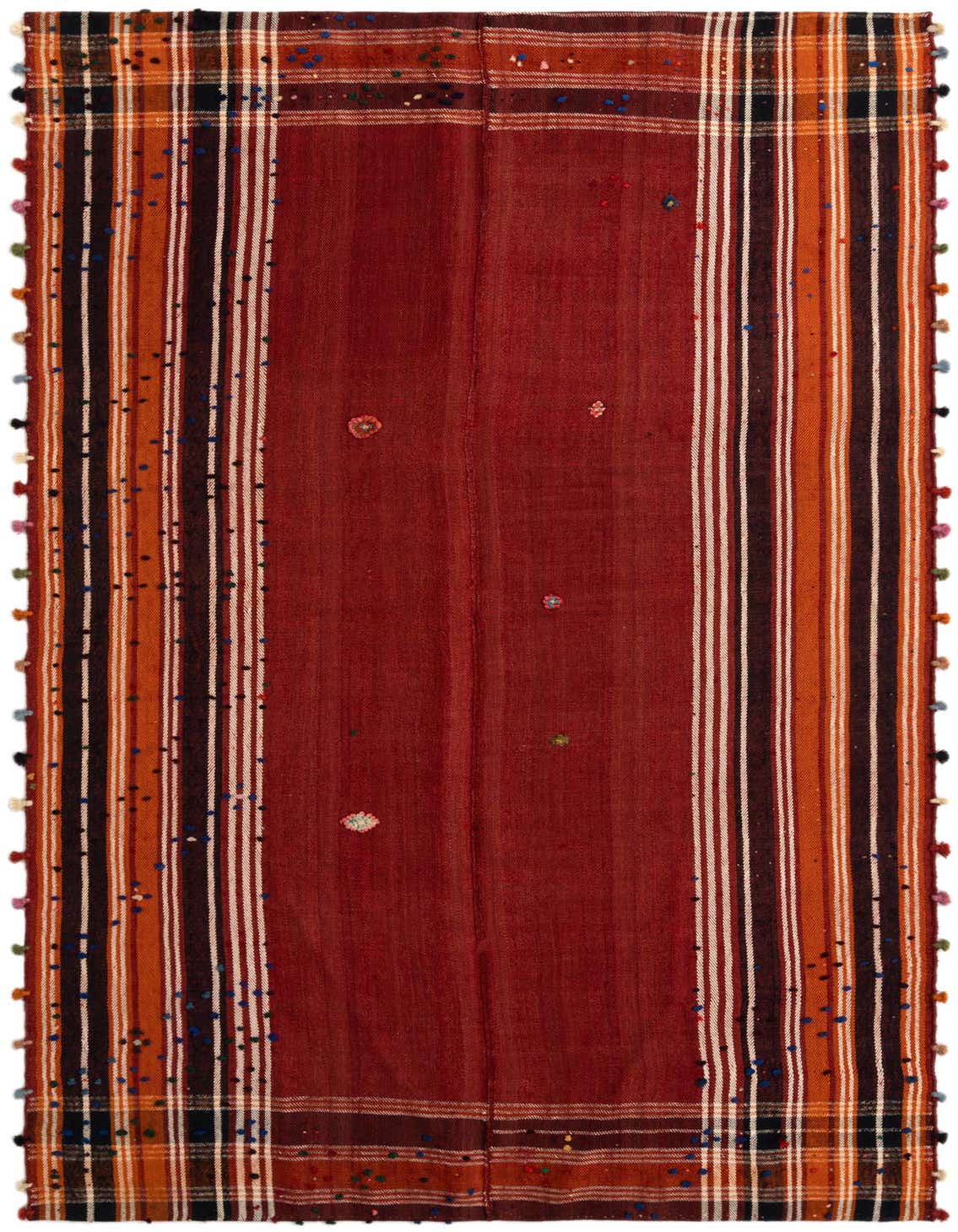 A 5x8 rectangular Jajim Persian rug featuring a deep red center panel flanked by striped borders in orange, brown, and white, with colorful textured accents.