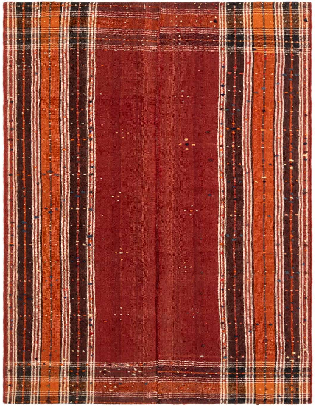 A 5x8 rectangular Jajim wool rug featuring a rich red center with striped borders in red, orange, brown, and white, accented with colorful flecks.