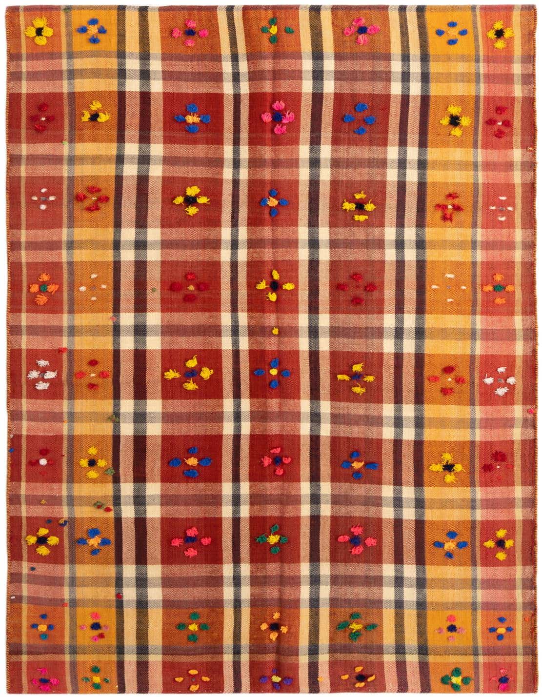 A 5x8 rectangular Jajim rug with a red and gold plaid pattern, featuring colorful embroidered floral motifs in blue, yellow, pink, and green.