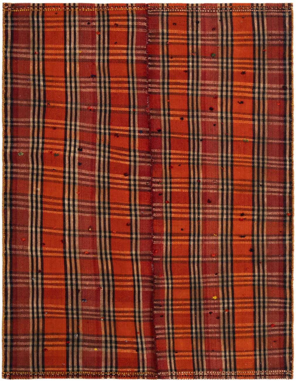 A 4x6 rectangular Jajim rug in shades of red, orange, and brown with a plaid pattern and visible handmade texture.