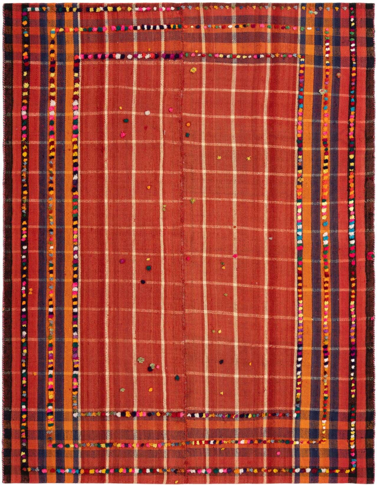 A 5x8 rectangular Jajim rug featuring a red plaid pattern with colorful pom-pom accents and striped borders.