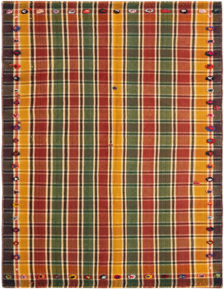 A 4x6 rectangular Jajim rug with a vibrant plaid pattern in reds, greens, and yellows, featuring decorative colorful tufts along the edges.