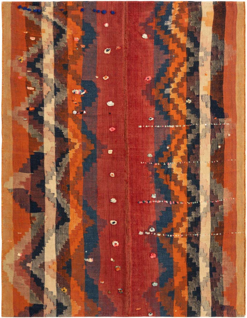 A 4x6 rectangular Jajim rug in rich reds, oranges, blues, and creams, featuring a traditional Persian striped and geometric pattern.