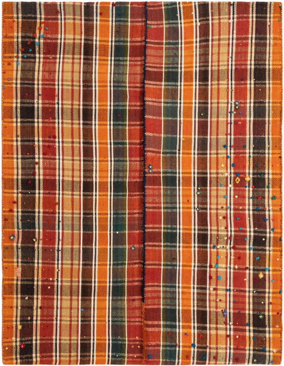 A 4x6 rectangular Jajim Persian rug featuring a vibrant plaid pattern in various shades of red, orange, green, and brown with white stripes and colorful flecks, suitable for an entryway or living room.