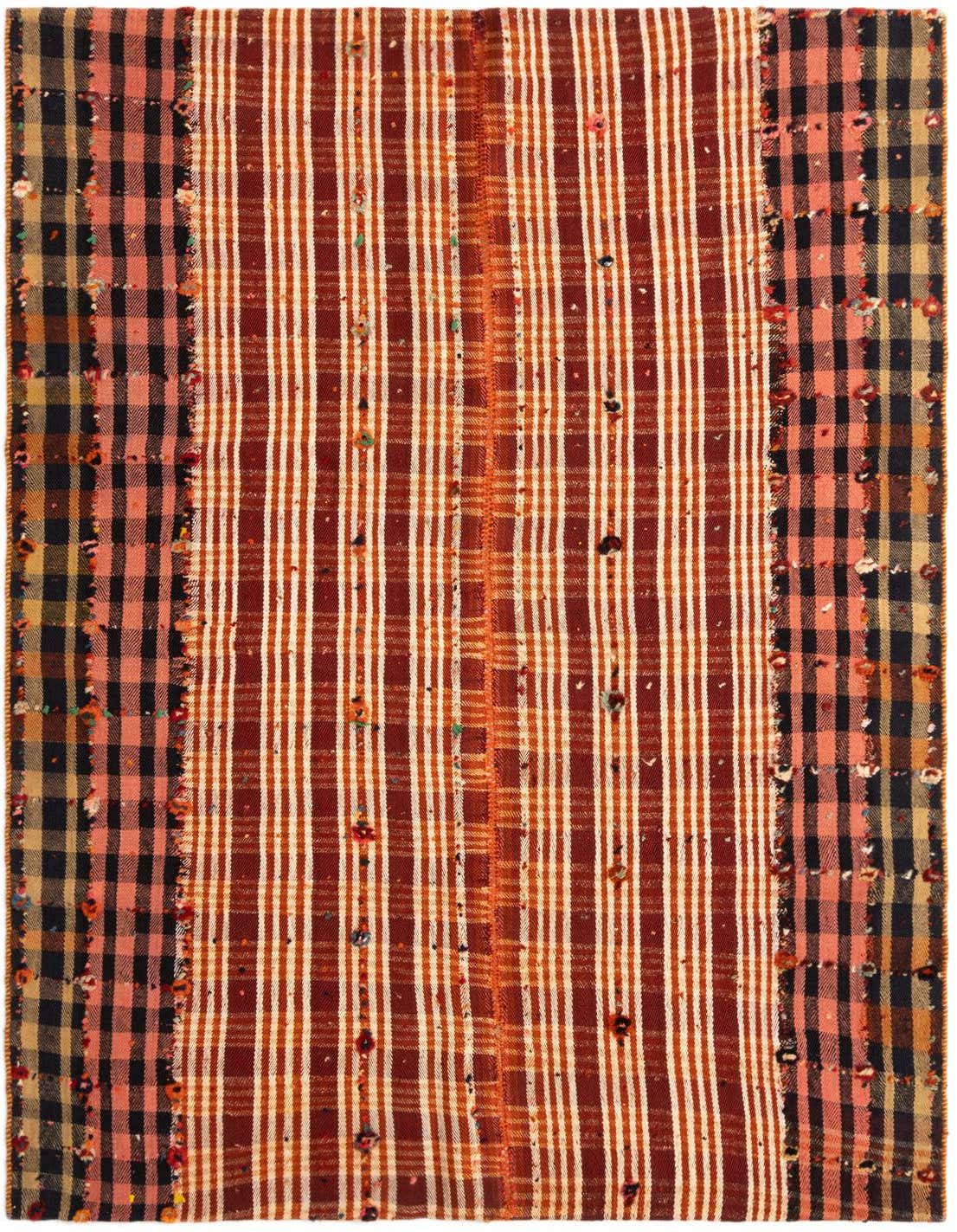 A 4x6 rectangular Jajim rug featuring a Persian pattern with red, orange, and cream stripes, flanked by black and peach plaid borders.