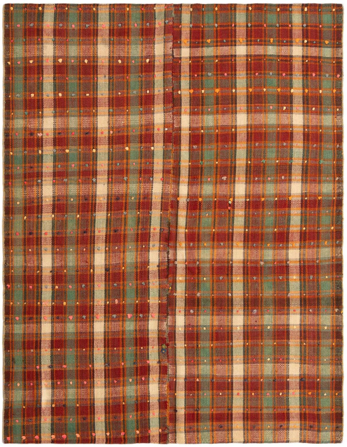 A 5x8 rectangular Jajim rug in a Persian plaid pattern with dominant reds, greens, and cream, featuring colorful speckled accents.