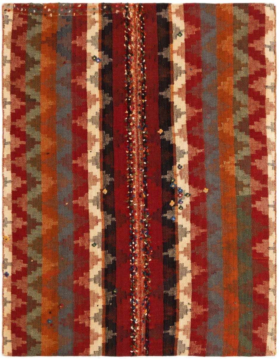 A 4x6 rectangular Jajim rug featuring a vibrant Persian pattern with dominant reds, accented by stripes of orange, blue, green, and cream, and a central embellished stripe.
