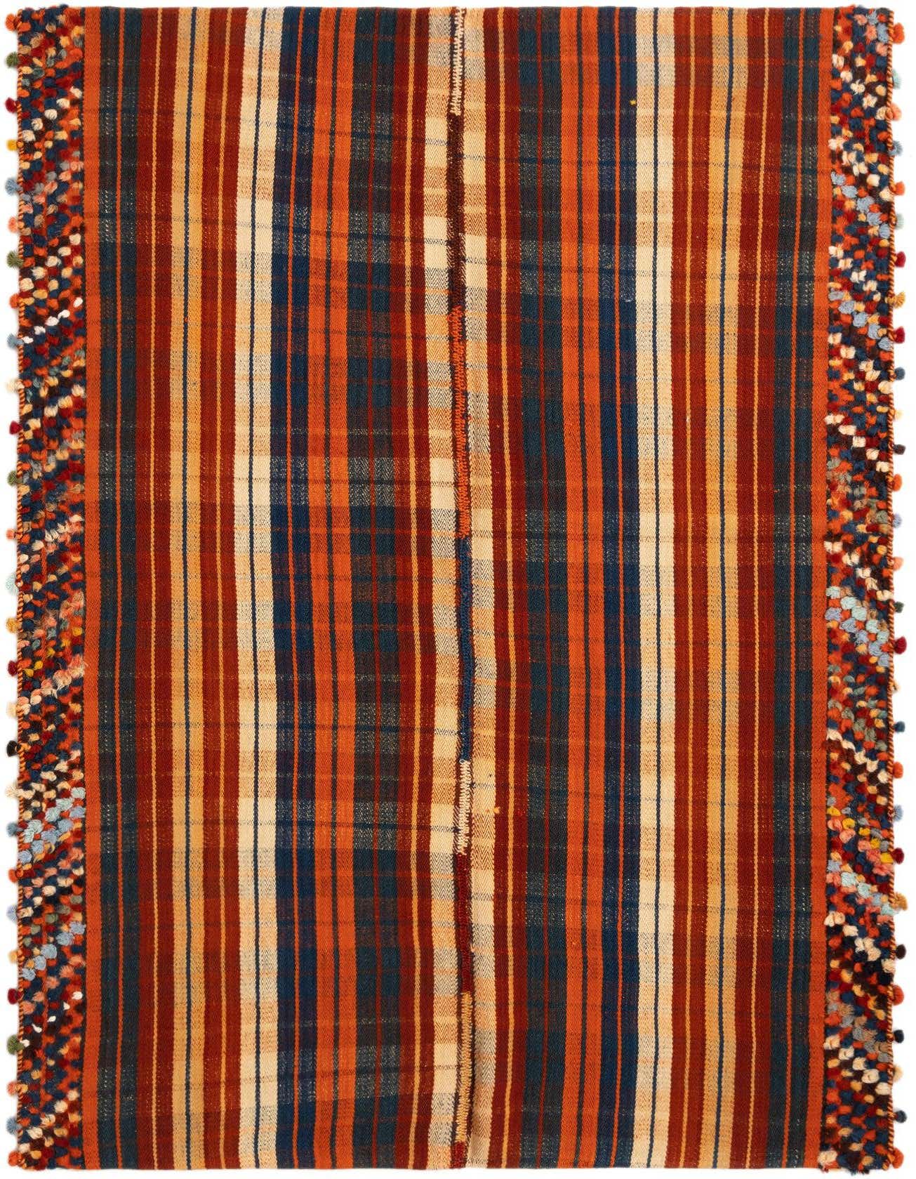 A 4x6 rectangular Jajim rug with vertical stripes in shades of red, orange, blue, and cream, featuring decorative fringed edges.
