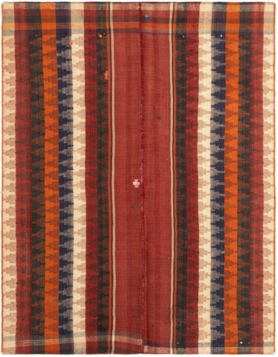 A 4x6 rectangular Jajim rug featuring bold stripes in various shades of red, orange, navy blue, and cream.