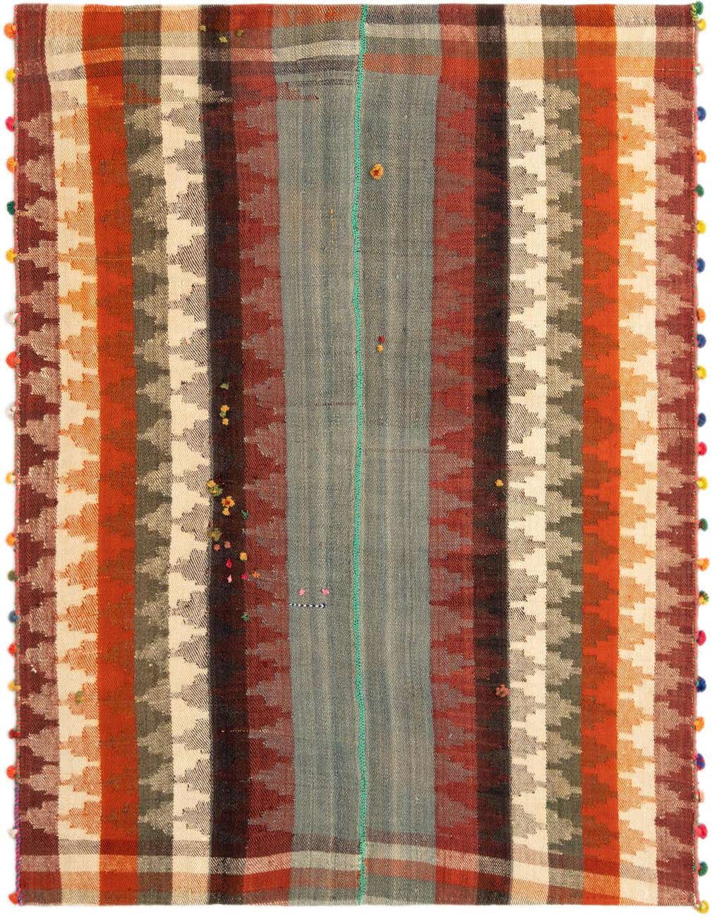A 4x6 rectangular Jajim rug with vertical stripes in red, orange, cream, and green, featuring geometric patterns and colorful pom-pom fringe.