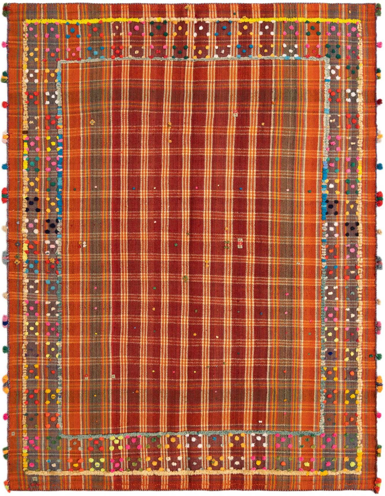 A 5x8 rectangular Jajim Persian rug featuring a red plaid pattern with colorful pom-pom borders.