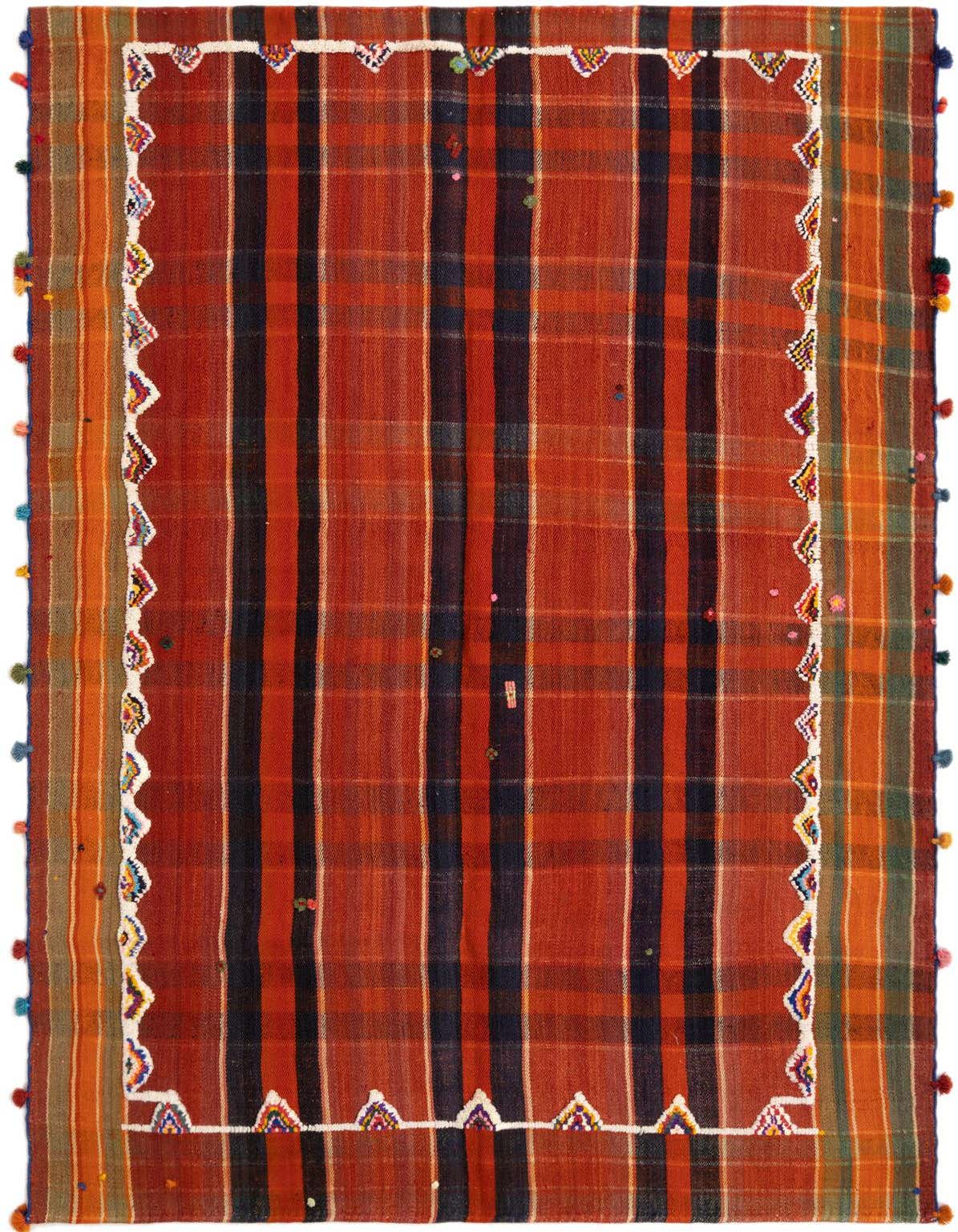 A 5x8 rectangular Jajim rug featuring a red and black striped pattern with a white border and colorful pom-pom edges.