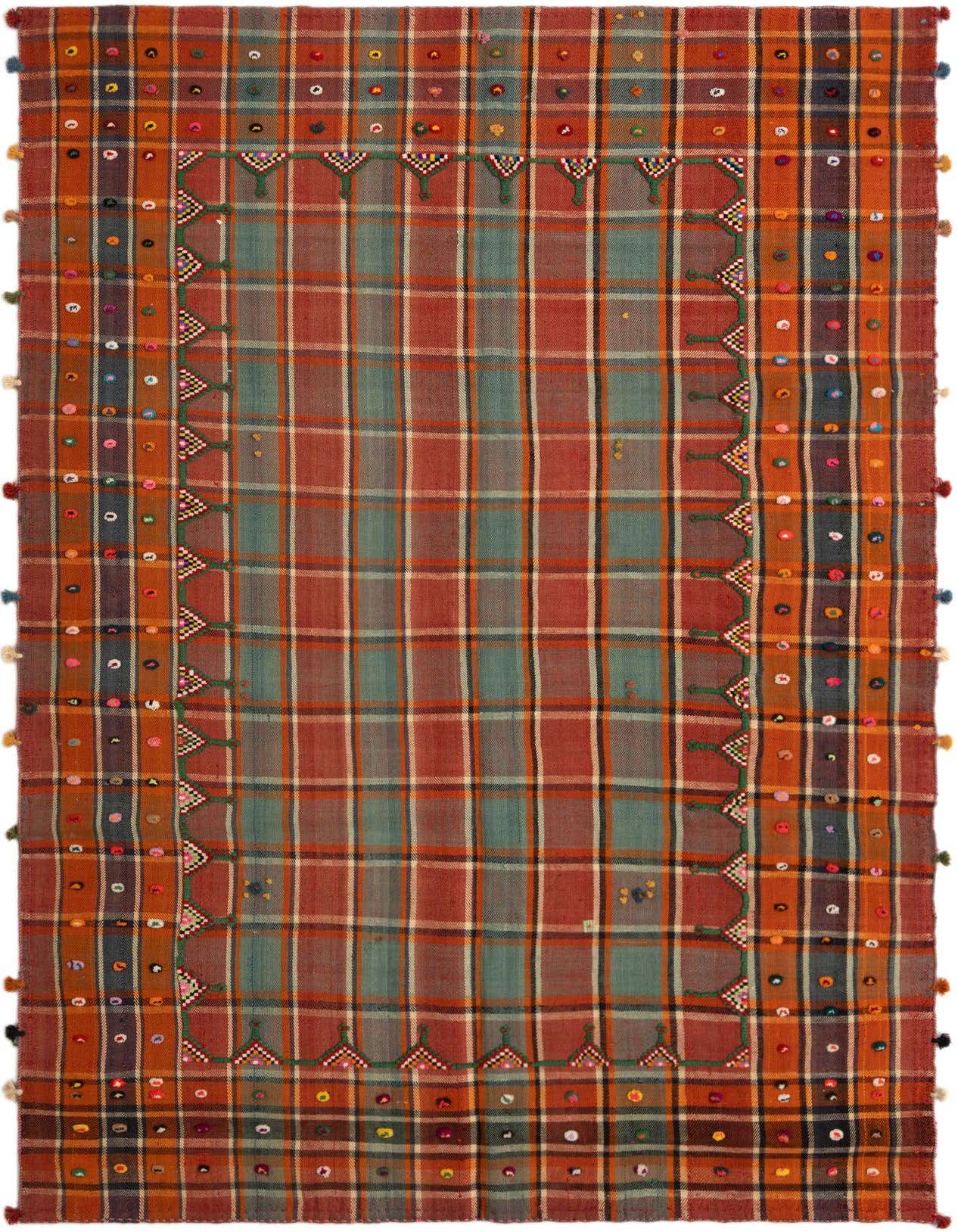 A 5x8 rectangular Jajim rug featuring a red and teal plaid pattern with an intricate multi-color border and small tassels.