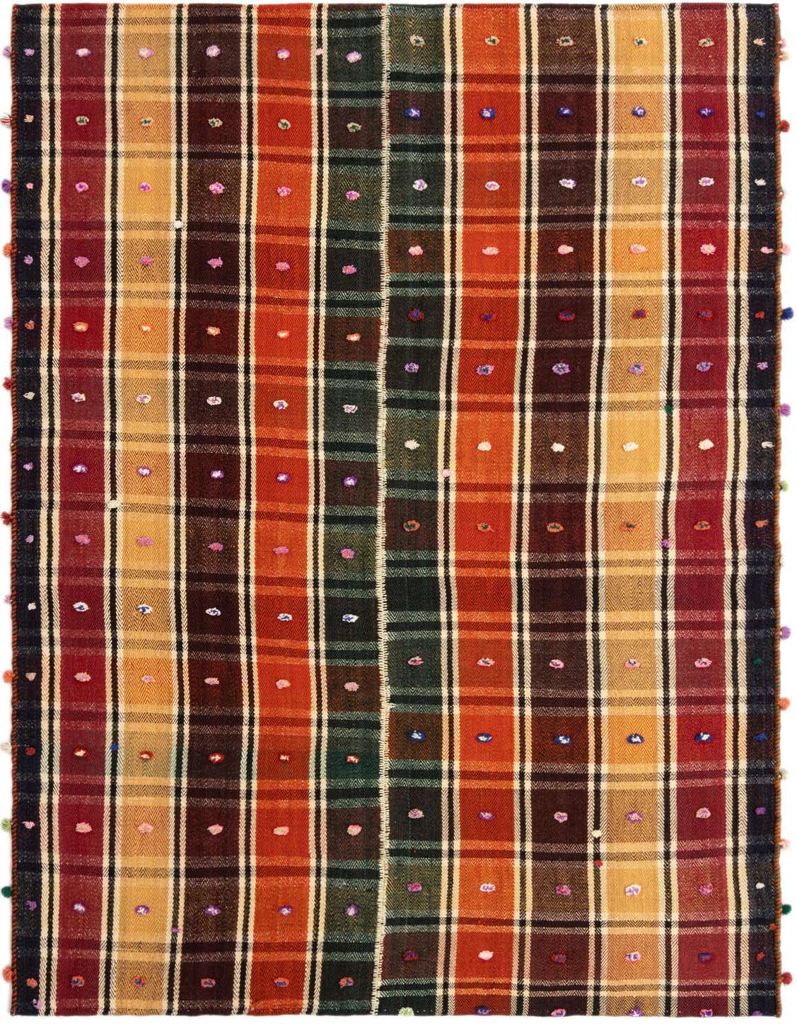 A 4x6 rectangular Jajim rug featuring a vibrant striped Persian pattern in shades of red, orange, gold, and green with colorful polka dots.