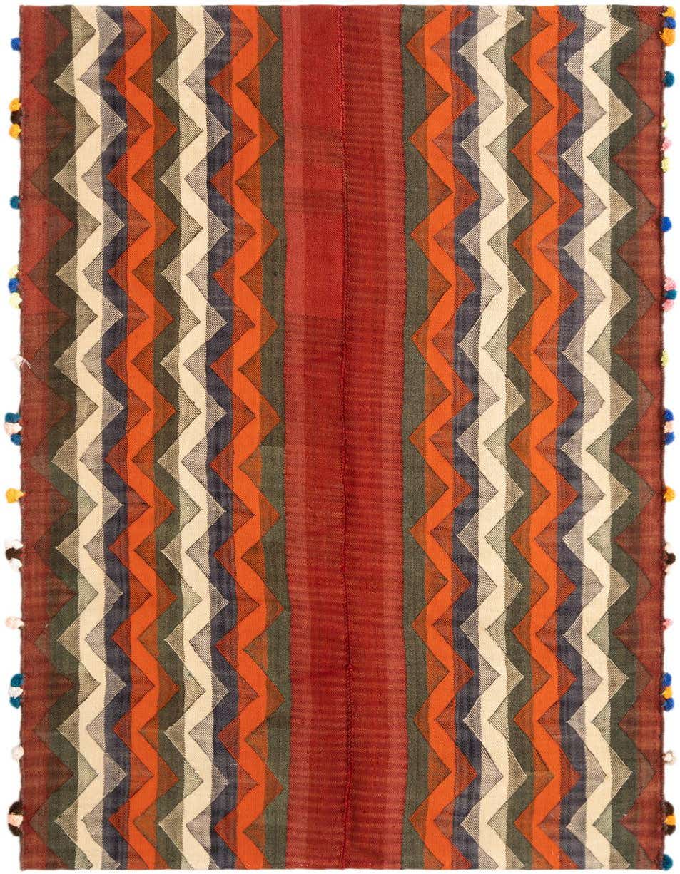 A 4x6 rectangular Jajim rug featuring a central red stripe flanked by zig-zag patterns in orange, cream, blue, and green, with colorful pom-pom tassels.