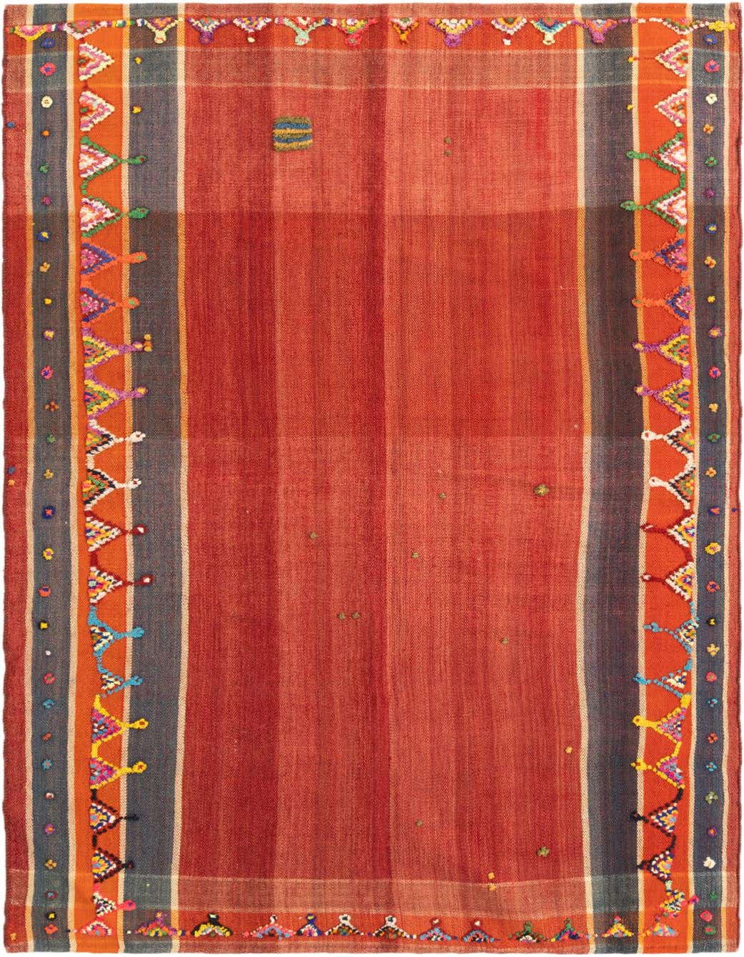 A 5x8 rectangular Jajim rug in shades of red with intricate multicolored Persian patterns along the borders, perfect for a living room.