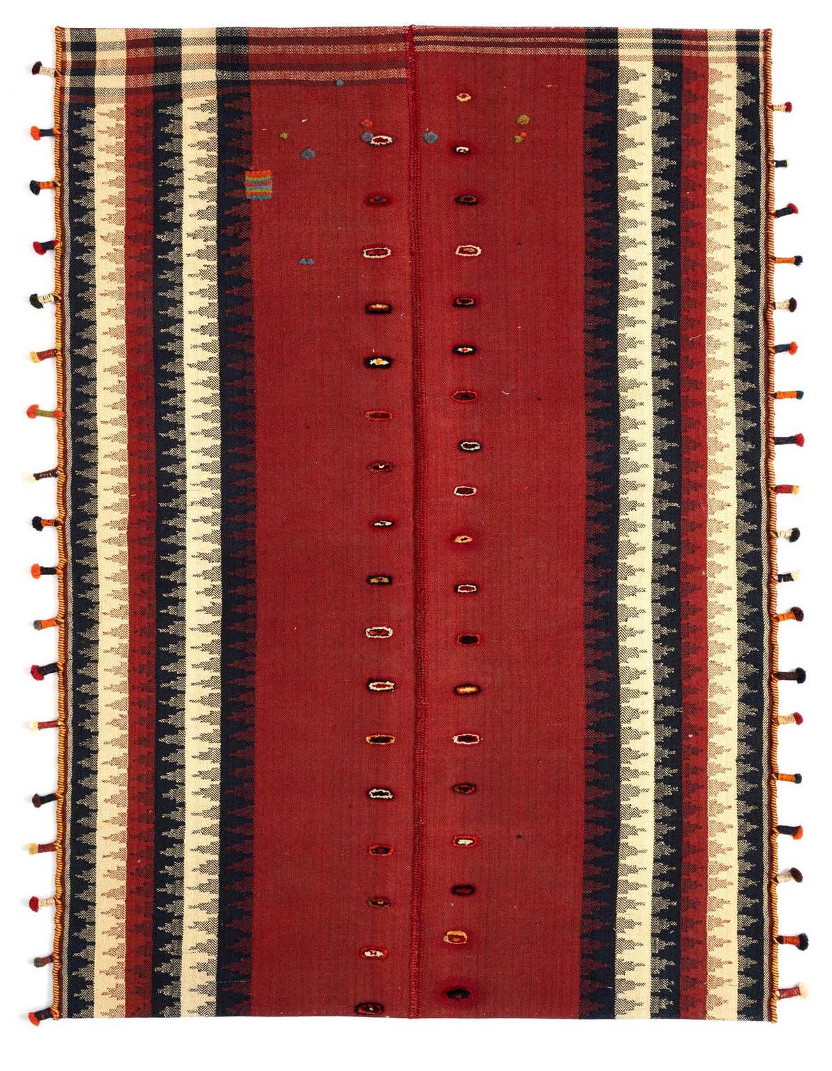 A 4x6 rectangular Jajim rug in shades of red, black, and cream with vertical stripes and colorful tassels.
