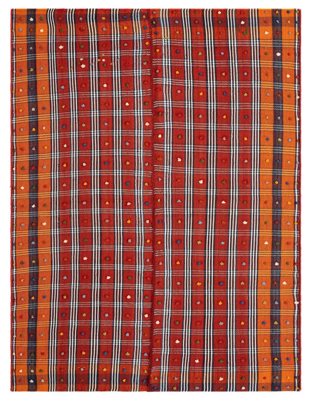 A 5x8 rectangular Jajim Persian rug in reds, featuring a plaid pattern with colorful polka dots, suitable for a living room.